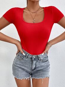 SHEIN PETITE Solid Scoop Neck Ribbed Knit Tee Summer Women Bodysuit - Red - View 5