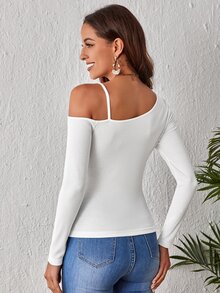 SHEIN Frenchy 不對稱領鏈條細節T恤 - 白色 - 查看 2