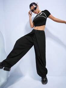 SHEIN ICON Quần ống rộng Gorpcore Chất rắn - màu đen - Xem 6