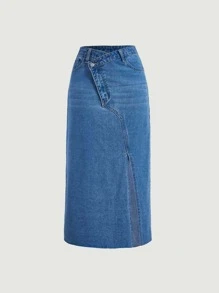 SHEIN MOD 階梯式腰高衩牛仔半身裙 - 中等水洗藍 - 查看 1