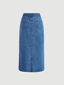 SHEIN MOD 階梯式腰高衩牛仔半身裙 - 中等水洗藍 - 查看 2