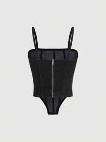 SHEIN MOD 素色不對稱下擺吊帶牛仔上衣 - 黑色 - 查看 2