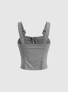 SHEIN MOD 翻蓋口袋拉鏈開襟吊帶牛仔上衣 - 灰色 - 查看 2