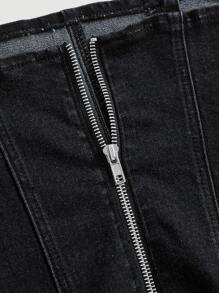 SHEIN MOD 素色不對稱下擺吊帶牛仔上衣 - 黑色 - 查看 3