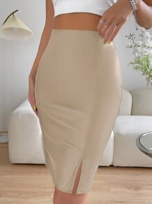 SHEIN Privé 素色高腰下擺開叉PU皮革包臀半身裙 - 杏色 - 查看 5