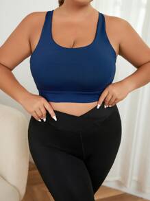 Plus Solid Criss Cross Back Sports Bra - Navy Blue - View 1