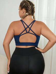 Plus Solid Criss Cross Back Sports Bra - Navy Blue - View 2