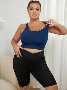 Plus Solid Criss Cross Back Sports Bra - Navy Blue - View 3