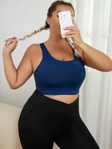 Plus Solid Criss Cross Back Sports Bra - Navy Blue - View 5
