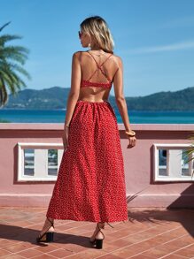 SHEIN VCAY Đầm Lộ Lưng Hội Chữ thập Cắt ra Tách cao Tim Boho - Đỏ - Xem 2