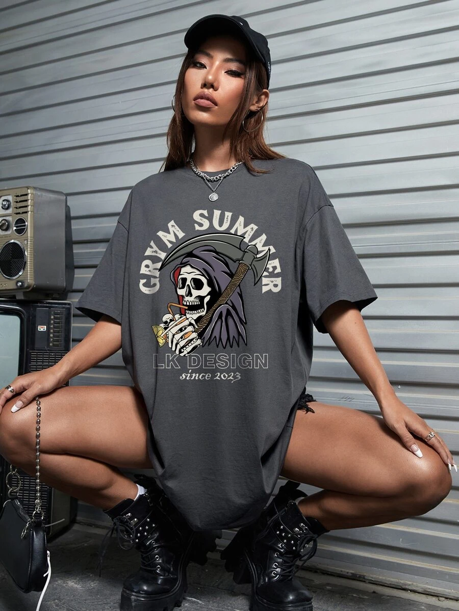 lockdsg 骷髏和標語圖案落肩袖超大連衣裙 - 深灰色 - 查看 1