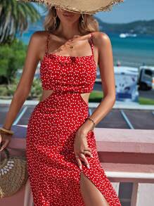 SHEIN VCAY Đầm Lộ Lưng Hội Chữ thập Cắt ra Tách cao Tim Boho - Đỏ - Xem 3