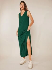 SHEIN BASICS Solid Split Thigh Tank Dress - Dark Green - View 1