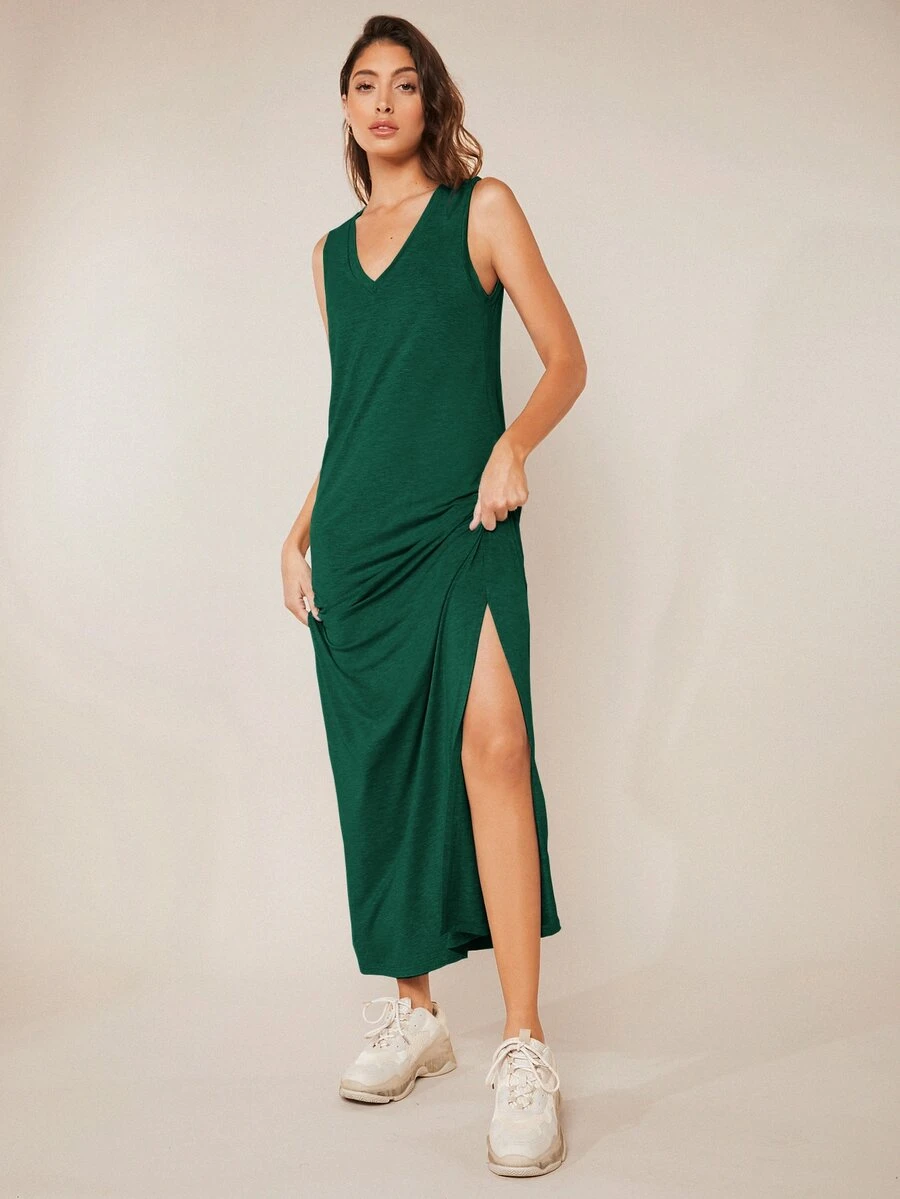 SHEIN BASICS Solid Split Thigh Tank Dress - Dark Green - View 1