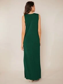 SHEIN BASICS Solid Split Thigh Tank Dress - Dark Green - View 2