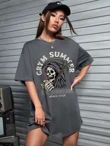 lockdsg 骷髏和標語圖案落肩袖超大連衣裙 - 深灰色 - 查看 4