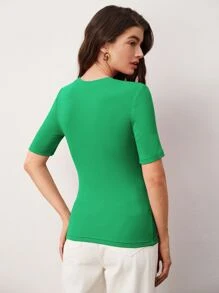 SHEIN BASICS 實色修身t恤 - 綠色 - 查看 2