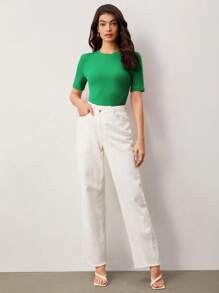 SHEIN BASICS 實色修身t恤 - 綠色 - 查看 3