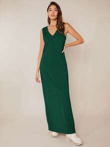 SHEIN BASICS Solid Split Thigh Tank Dress - Dark Green - View 5