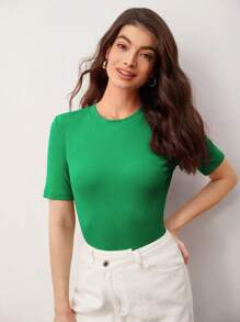 SHEIN BASICS 實色修身t恤 - 綠色 - 查看 6