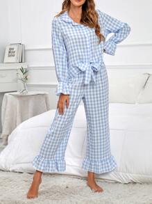 Bộ đồ ngủ Nữ Viên lá sen Thắt nơ trước Nút phía trước Kẻ sọc Dễ thương - Xanh và trắng - Xem 3