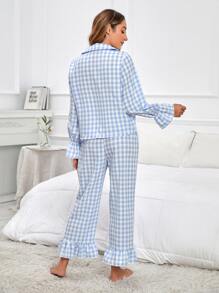 Bộ đồ ngủ Nữ Viên lá sen Thắt nơ trước Nút phía trước Kẻ sọc Dễ thương - Xanh và trắng - Xem 2