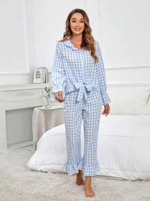 Bộ đồ ngủ Nữ Viên lá sen Thắt nơ trước Nút phía trước Kẻ sọc Dễ thương - Xanh và trắng - Xem 4