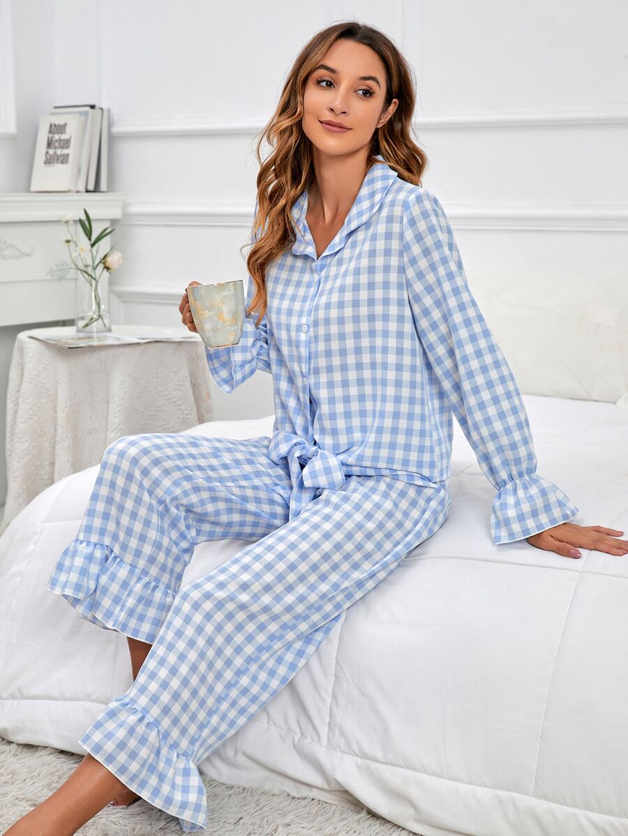 Bộ đồ ngủ Nữ Viên lá sen Thắt nơ trước Nút phía trước Kẻ sọc Dễ thương - Xanh và trắng - Xem 1