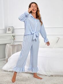 Bộ đồ ngủ Nữ Viên lá sen Thắt nơ trước Nút phía trước Kẻ sọc Dễ thương - Xanh và trắng - Xem 5