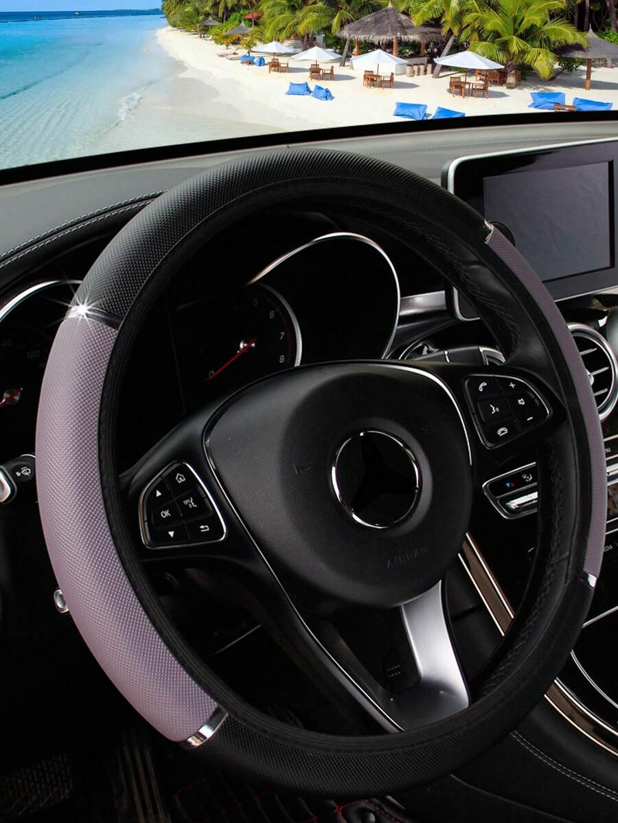 1pc PU Leather Shiny Metal Car Steering Wheel Cover Fits 14.5-15 Inch Car Accessories - 灰色 - 查看 1