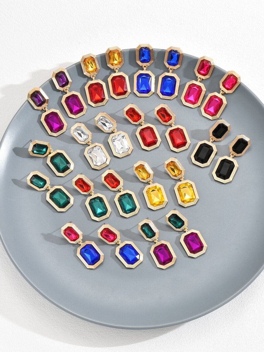 1雙彩色矩形耳環,時尚女士百搭首飾類,感恩節禮品,派對和蒐集耳環 - 彩色 - 查看 1