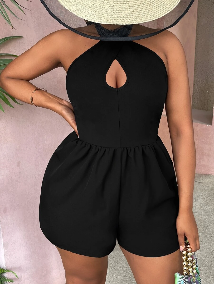 Slaydiva 大碼鏤空繞頸連體短褲 - 黑色 - 查看 1