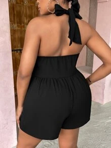 Slaydiva 大碼鏤空繞頸連體短褲 - 黑色 - 查看 2