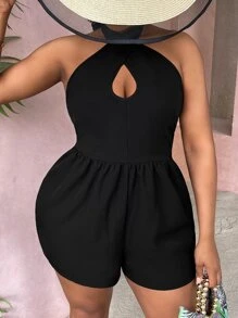 Slaydiva 大碼鏤空繞頸連體短褲 - 黑色 - 查看 5