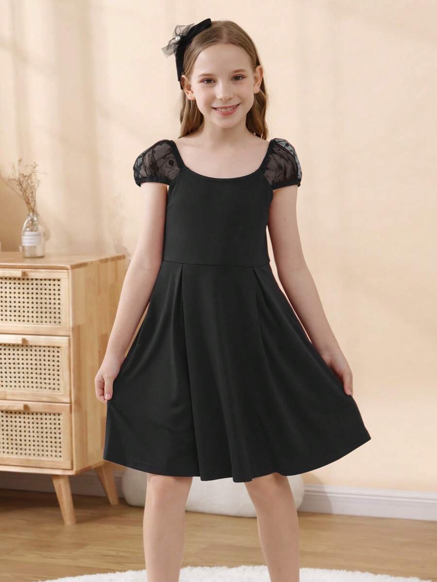 Đầm Gái Tương phản Mesh màu trơn Dễ thương - màu đen - Xem 1