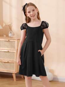 Đầm Gái Tương phản Mesh màu trơn Dễ thương - màu đen - Xem 3