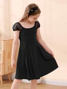 Đầm Gái Tương phản Mesh màu trơn Dễ thương - màu đen - Xem 5