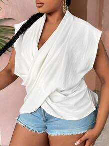 Slaydiva Plus Solid Crossover Draped Front Sleeveless Blouse - White - View 4