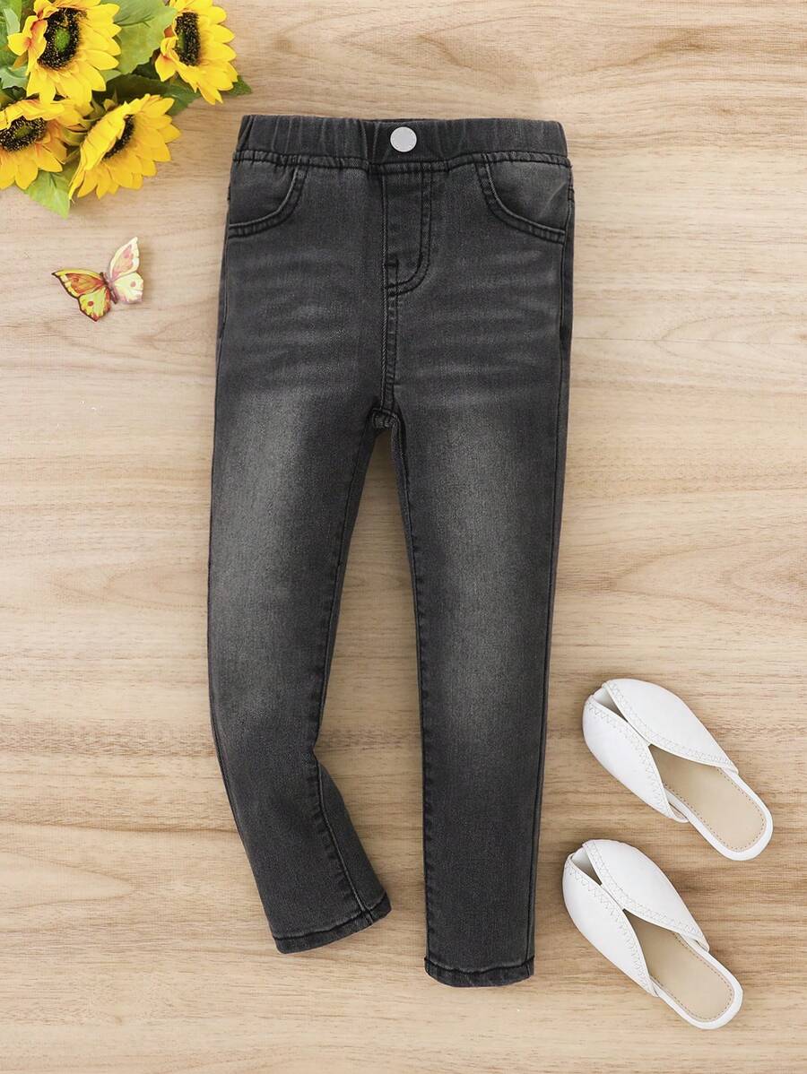 SHEIN Young Girl Cat Whisker Washed Jeans - Dark Grey - View 1