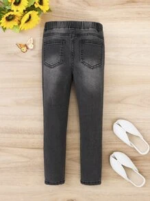 SHEIN Young Girl Cat Whisker Washed Jeans - Dark Grey - View 2