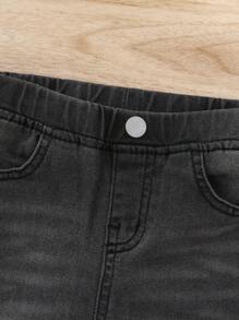 SHEIN Young Girl Cat Whisker Washed Jeans - Dark Grey - View 3