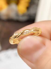 1pc Fashionable Cubic Zirconia Decorated Cufflink Ring, Women's Engagement Gift - Yellow Gold - View 6