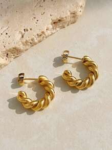 Uworld 1對極簡扭轉設計手環不銹鋼大圈耳環,鍍白金18k金cc大圈耳環,適用於日常佩戴,防水