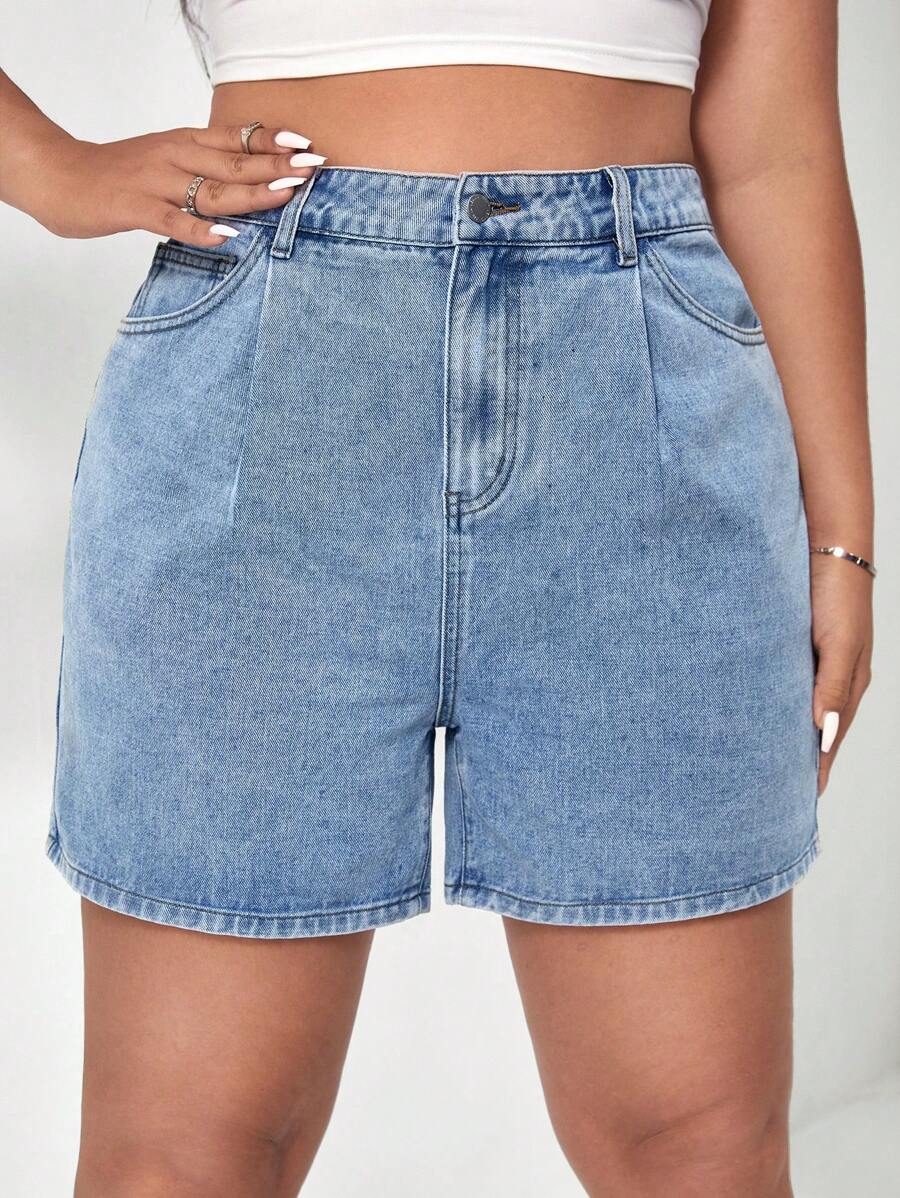 SHEIN EZwear Quần short denim oversized Nút Túi Dây kéo Uốn nếp màu trơn - Rửa nhẹ - Xem 1