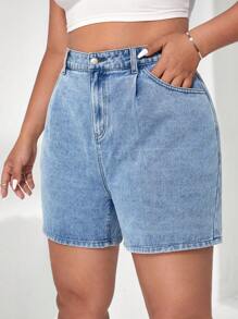 SHEIN EZwear Quần short denim oversized Nút Túi Dây kéo Uốn nếp màu trơn - Rửa nhẹ - Xem 3