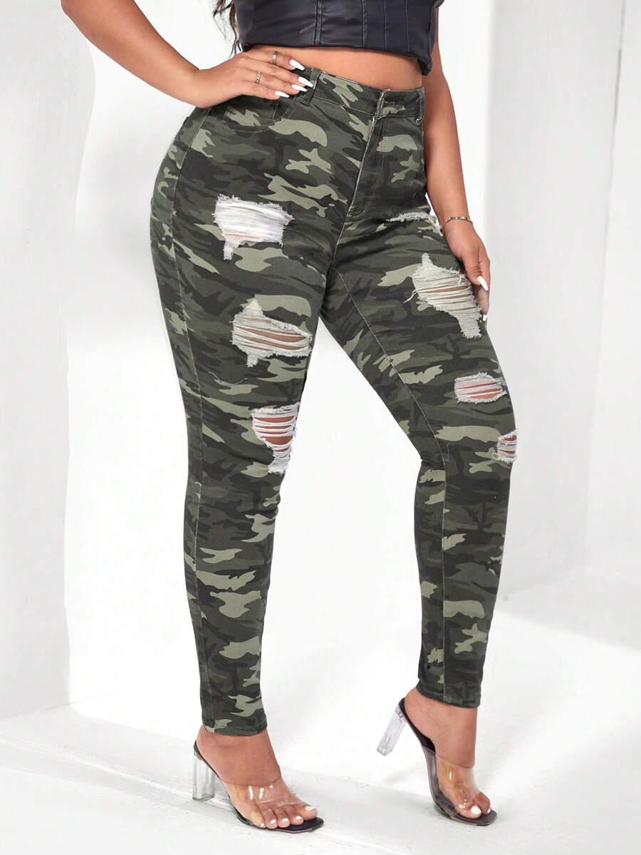 SHEIN Jeans ajustados desgarro con estampado de camuflaje - Multicolor - Ver 1