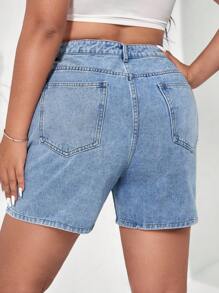 SHEIN EZwear Quần short denim oversized Nút Túi Dây kéo Uốn nếp màu trơn - Rửa nhẹ - Xem 4