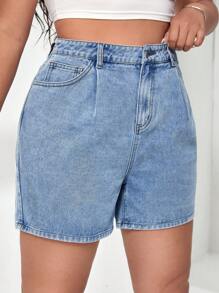 SHEIN EZwear Quần short denim oversized Nút Túi Dây kéo Uốn nếp màu trơn - Rửa nhẹ - Xem 5
