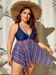 Plus Size Geo Print Asymmetrical Hem Tankini Summer Beach - Multicolor - View 3