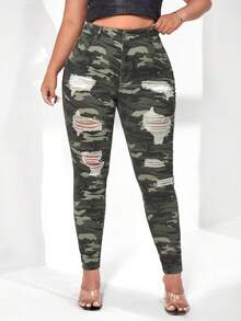 SHEIN Jeans ajustados desgarro con estampado de camuflaje - Multicolor - Ver 4